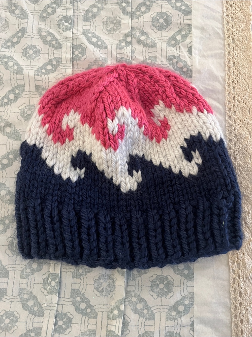 Knit Wave Beanie - Pink, White & Navy